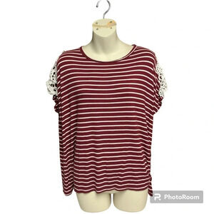 Lovely Souls size large top lace shoulders burgundy/white stripes side tie